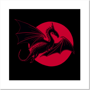 Dragon and Moon, Red and Black Linocut Posters and Art